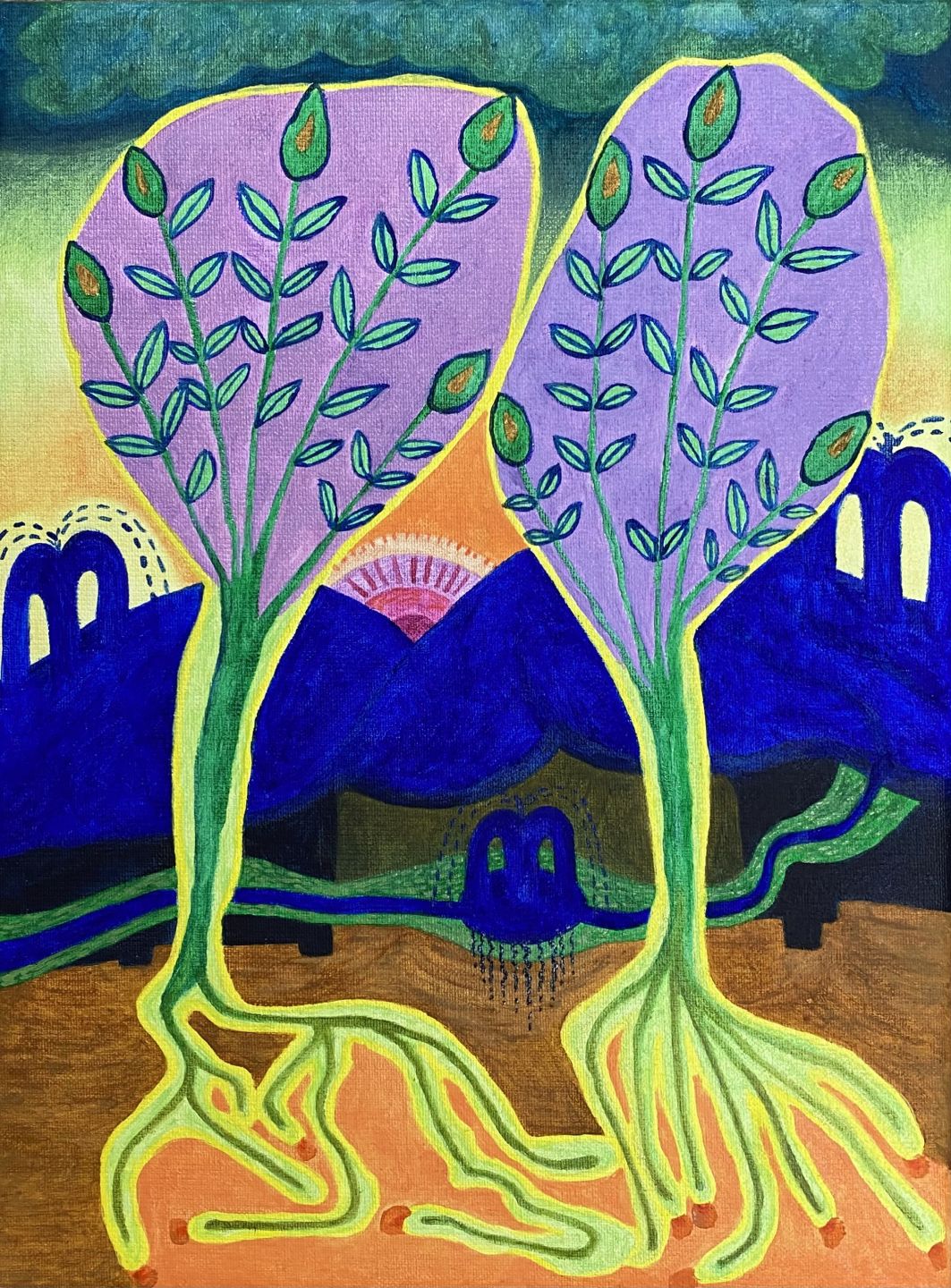 Two Trees and Three Springs“ (2022): Oil on canvas, 30 x 40 cm